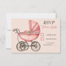 Baby Carriage Girls Baby Shower RSVP Card