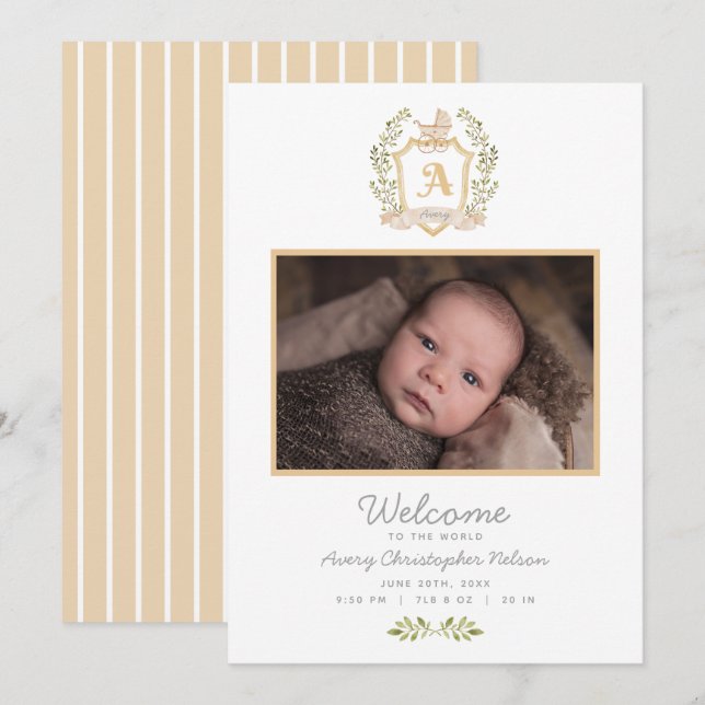 Baby Carriage Monogram A | Neutral Birth Announcem Announcement (Front/Back)