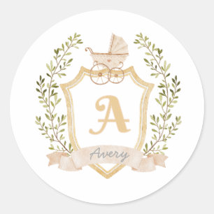 Baby Carriage Monogram A   Neutral Birth Announcem Classic Round Sticker