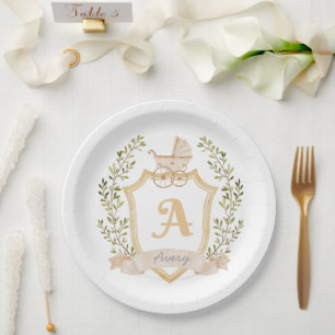 Baby Carriage Monogram A   Neutral Birth Announcem Paper Plate