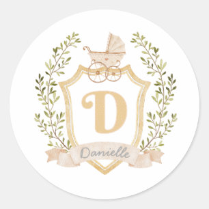 Baby Carriage Monogram D   Neutral  Classic Round Sticker
