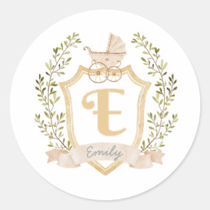 Baby Carriage Monogram E   Neutral  Classic Round Sticker