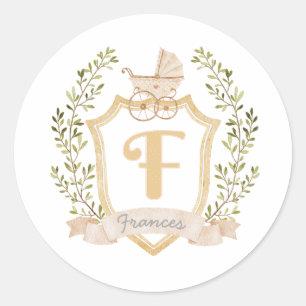 Baby Carriage Monogram F   Neutral  Classic Round Sticker