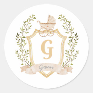 Baby Carriage Monogram G   Neutral  Classic Round Sticker