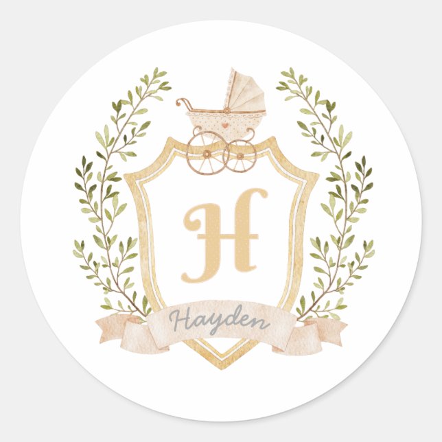 Baby Carriage Monogram H | Neutral  Classic Round Sticker (Front)