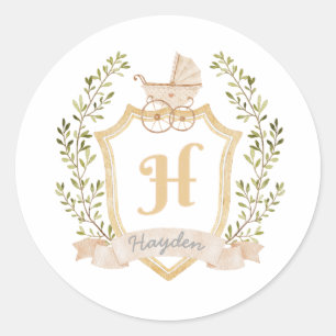 Baby Carriage Monogram H   Neutral  Classic Round Sticker