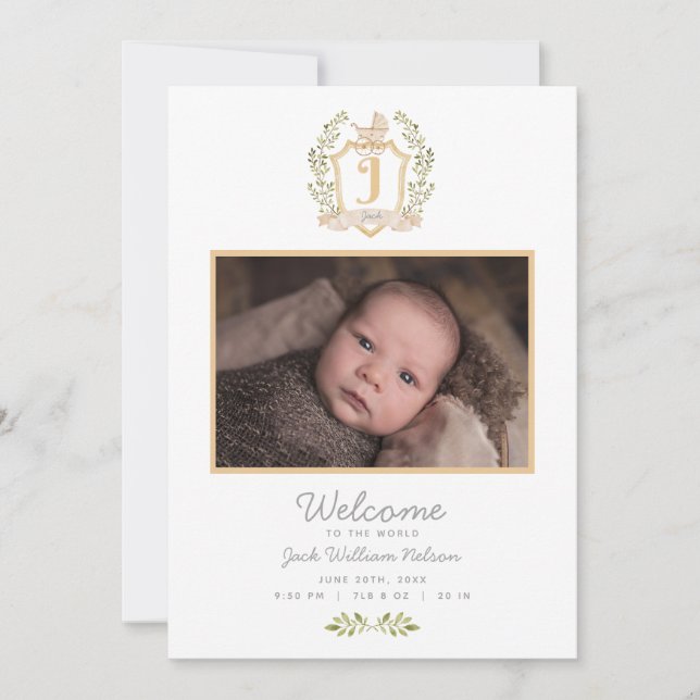 Baby Carriage Monogram J | Neutral Birth Announcement (Front)