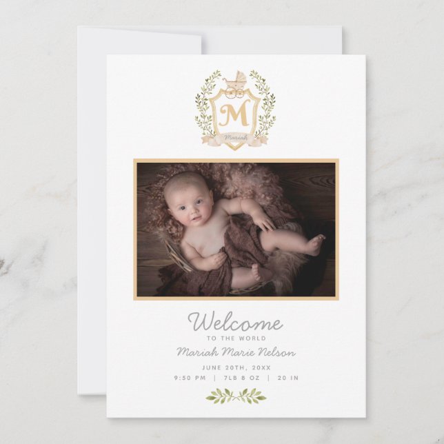 Baby Carriage Monogram M | Neutral Birth  Announce Announcement (Front)