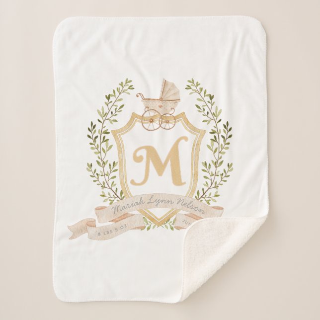Baby Carriage Monogram "M" Nursery Sherpa Blanket (Front)