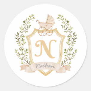 Baby Carriage Monogram N   Neutral  Classic Round Sticker