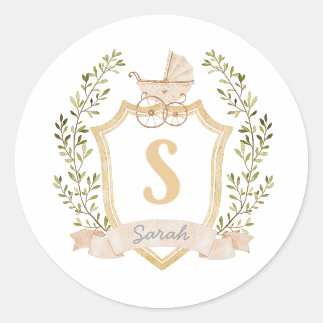 Baby Carriage Monogram S | Neutral  Classic Round Sticker (Front)