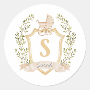 Baby Carriage Monogram S   Neutral  Classic Round Sticker