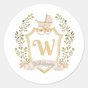 Baby Carriage Monogram W   Neutral  Classic Round Sticker
