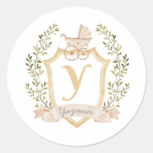 Baby Carriage Monogram Y   Neutral  Classic Round Sticker