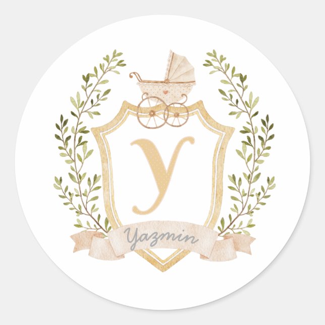 Baby Carriage Monogram Y | Neutral  Classic Round Sticker (Front)