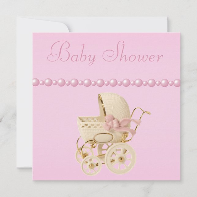 Baby Carriage, Shoes, Pacifier, Pearls Baby Shower Invitation (Front)