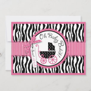 Baby Carriage, Zebra Print & Hot Pink Baby Shower Invitation