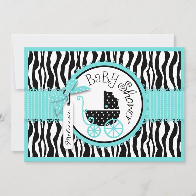 Baby Carriage, Zebra Print & Turquoise Baby Shower Invitation (Front)