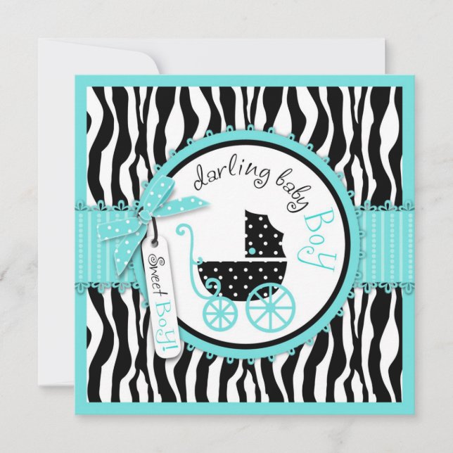 Baby Carriage, Zebra Print & Turquoise Baby Shower Invitation (Front)