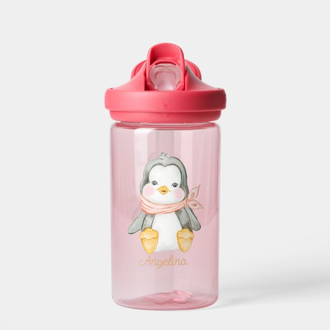 Baby Cartoon Penguin Personalised Water Bottle (Front)