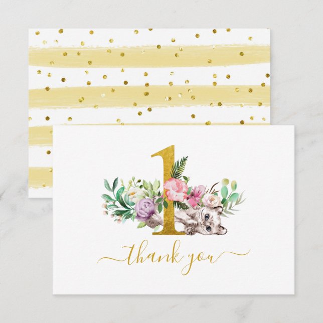 Baby Cat and Flowers 1st Birthday Thank You Card (Front/Back)