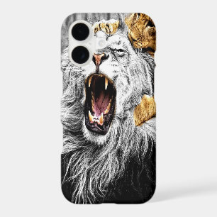 Baby cat on top of large lions head