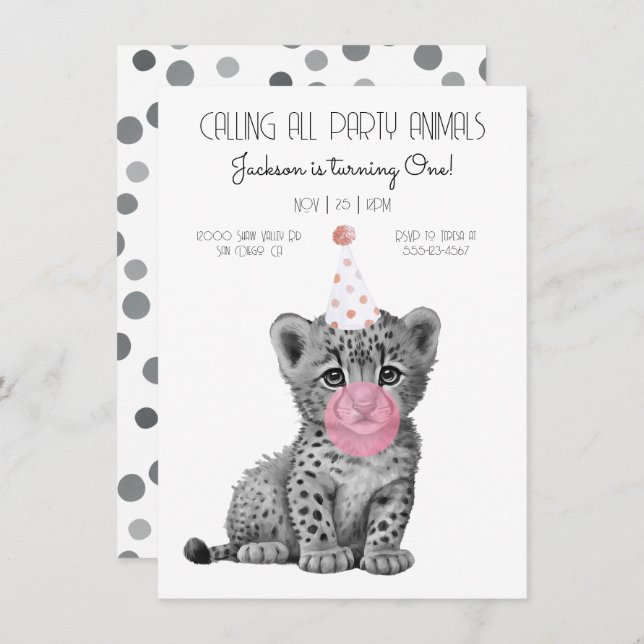 Baby cheetah black and white Birthday Invitation (Front/Back)