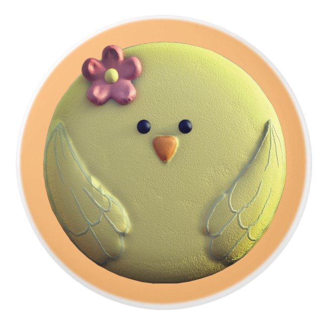 Baby chick cute yellow pink spring chicken flower ceramic knob (Front)