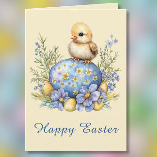 Baby Chick Happy Easter Egg Blue Yellow Flowers Card