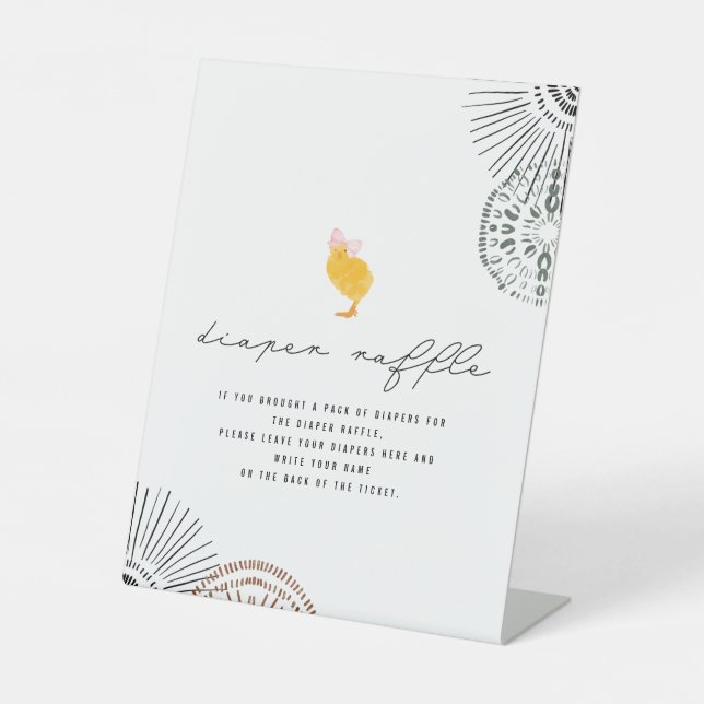 Baby Chick Pink Bow Baby Shower Diaper Raffle Pedestal Sign (Front)