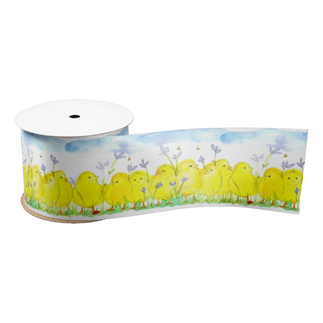 Baby Chickens Flowers Clouds Watercolor Satin Ribbon (Spool)
