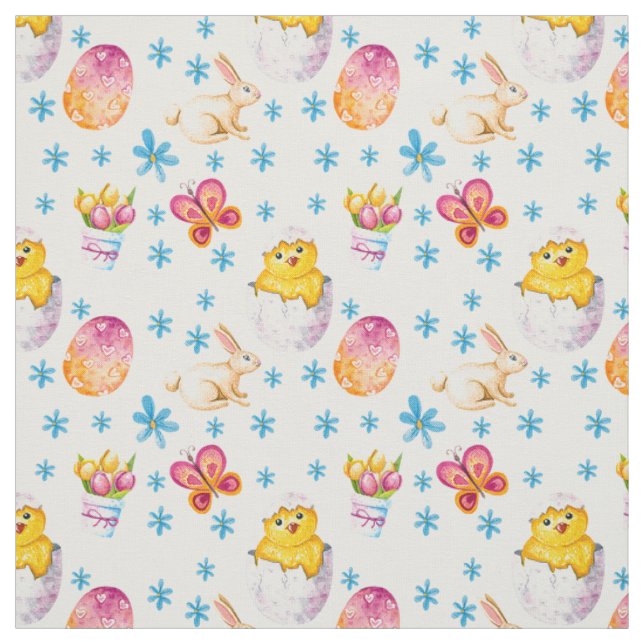 Baby Chicks Easter Eggs Pink Butterflies Fabric (Swatch)
