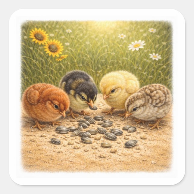 Baby Chicks Eating Sunflower Seeds – Cozy Farm Ill Square Sticker (Front)