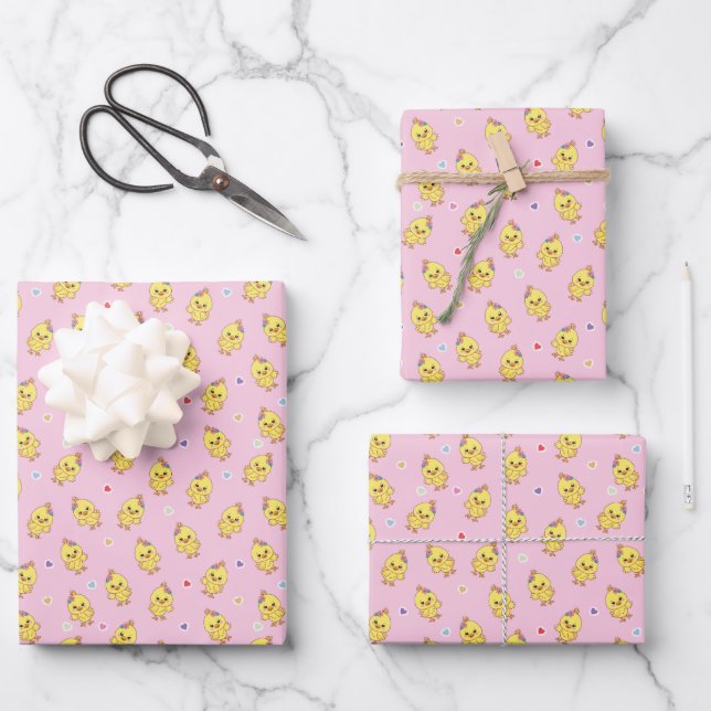 Baby Chicks Farm Animal Cute Kawaii Pattern Pink Wrapping Paper Sheet (Front)