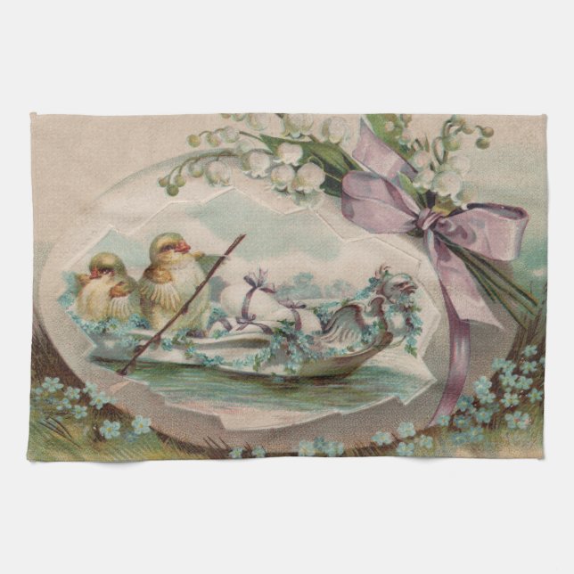 Baby Chicks Rowing Vintage Easter Kitchen Towel (Horizontal)