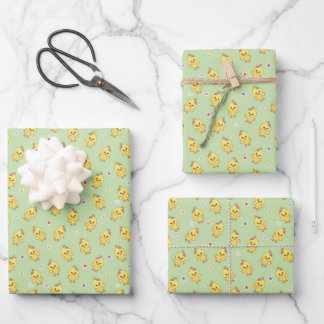 Baby Chicks Whimsical Kawaii Pattern Green Wrapping Paper Sheet