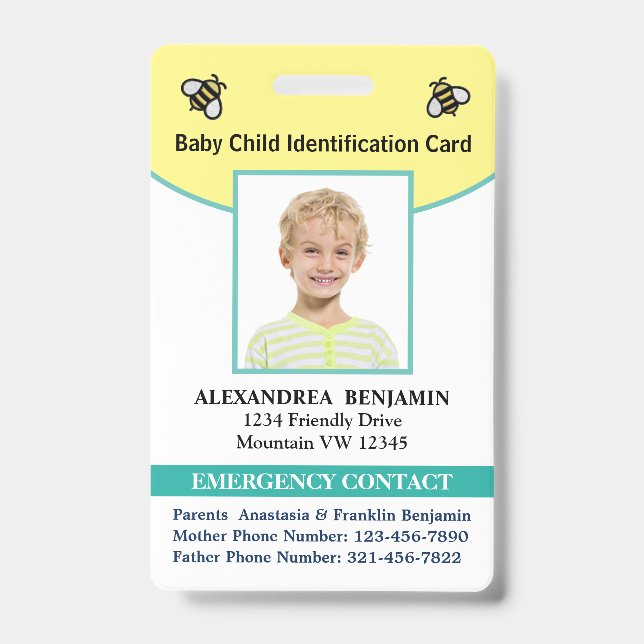 Baby Child Photo Name ID Identification Card  Badge (Front)