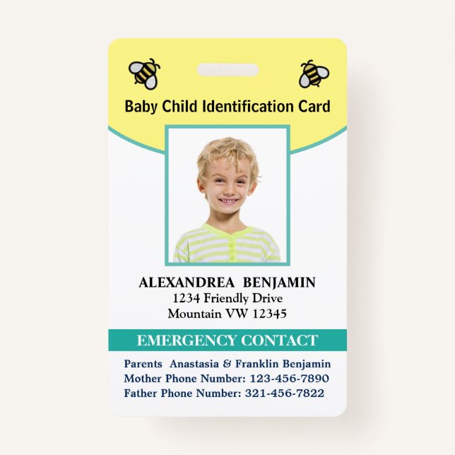 Baby Child Photo Name ID Identification Card  ID Badge (Front)