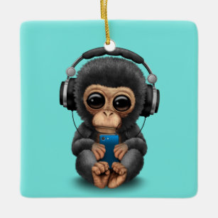 Baby Chimp with Headphones and Cell Phone Ceramic Tree Decoration