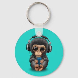 Baby Chimp with Headphones and Cell Phone Key Ring