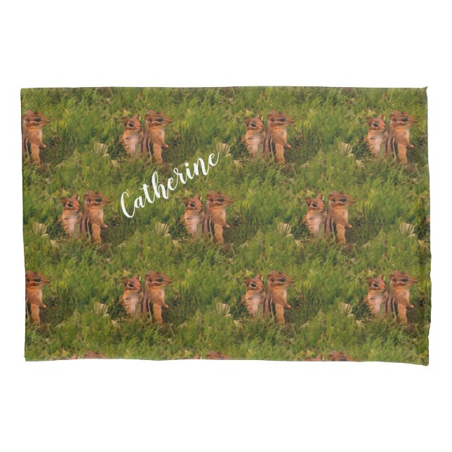 Baby Chipmunks Animal Art Personalised Pillowcase (Front)