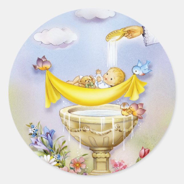Baby Christening baptism announcement Classic Round Sticker (Front)