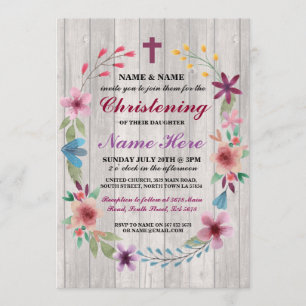 Baby Christening Baptism Floral Cross Wood Invite
