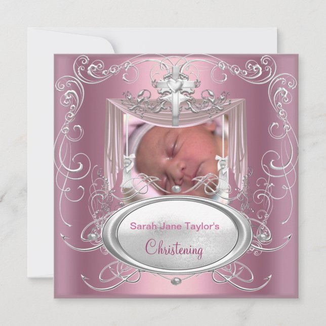 Baby Christening Baptism Girl Pink Silver Cross Announcement (Front)