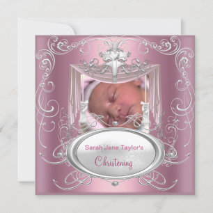 Baby Christening Baptism Girl Pink Silver Cross Announcement