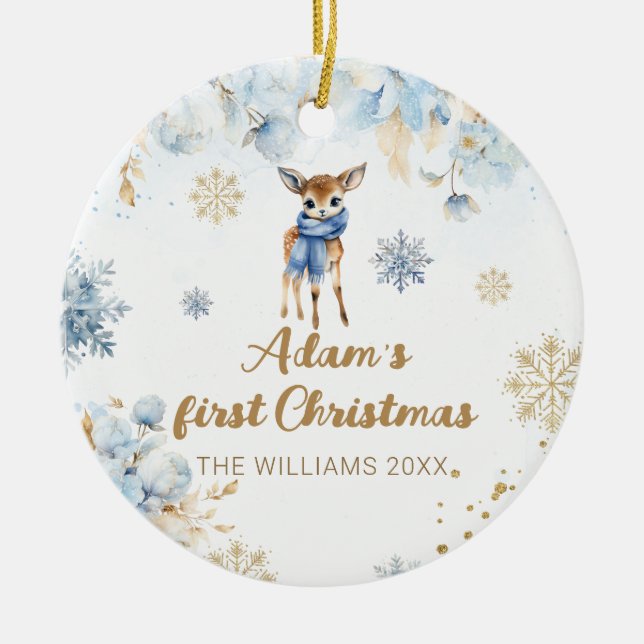 Baby Christmas Deer Personalised Photo Ceramic Tree Decoration (Front)