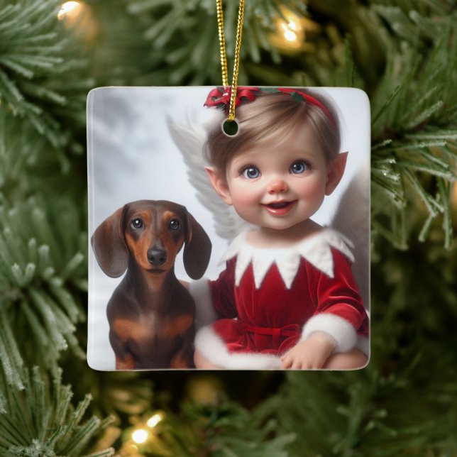 Baby Christmas Elf and Dachshund Card Ceramic Ornament (Tree)