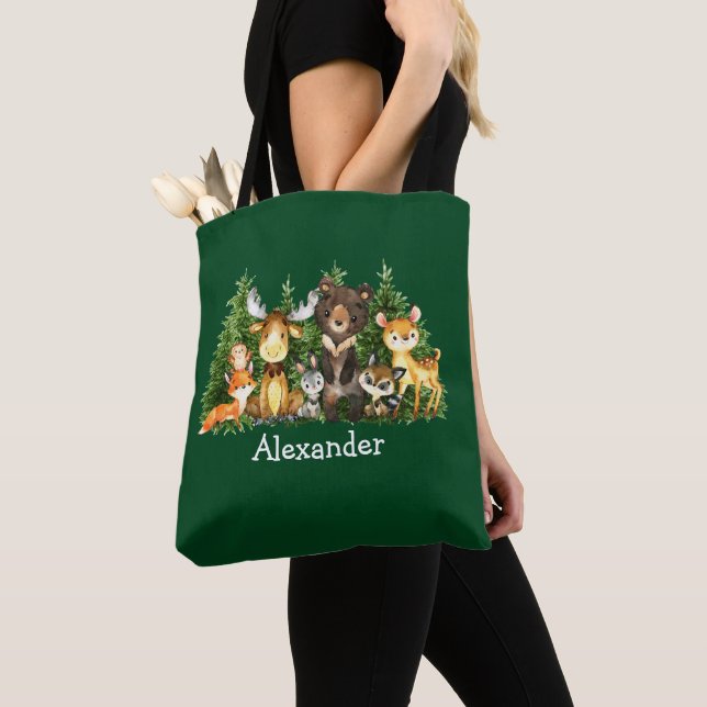 Baby Christmas Woodland Animals Green Diaper Tote Bag (Close Up)