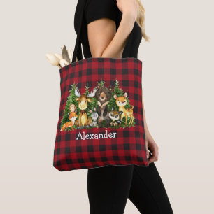 Baby Christmas Woodland Animals Plaid Diaper Tote Bag
