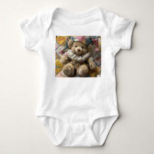 Baby clothes, 3D , beige bear with blue   and pink Bodysuit